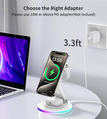 Бездротова зарядка MagSafe 3-в-1: зарядний стан для Apple Watch, iPhone 16/15/14 з нічним світлом, поворотний