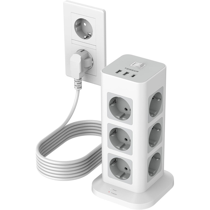 Блок розеток TESSAN із захистом від перенапруги 3600W 16A, 12 розеток з USB-C та 2 USB-A, мережевий кабель 2м, розподільник розеток для дому, сірий