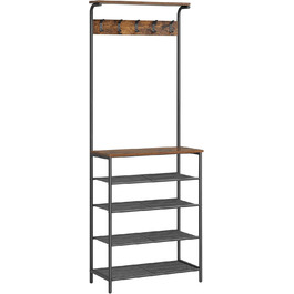 VASAGLE Coat Rack, Clothes Rack, Shoe Shelf, Wardrobe with 5 Double Hooks, 5 Shelves, One Top Shelf, for Apartments, Bedrooms, Hallways, Industrial Design, Vintage Brown-Black HSR408B01 (31.5 x 68 x 183.5 cm)
