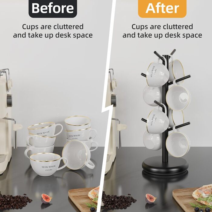 BAMBANG Bamboo Coffee Mug Tree, Swivel Coffee Mug Holder for Countertop, Coffee Mug Shelf with 8 Hooks, Coffee Mug Organizer, Coffee Mug Hanger for Coffee Bar, Black