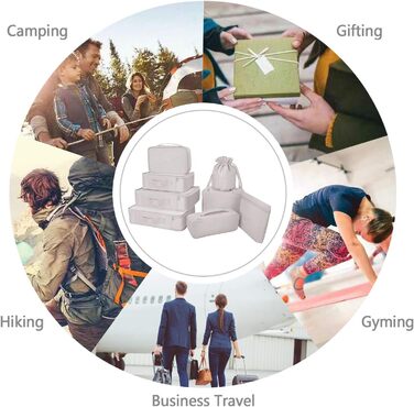 Органайзери для валіз: 8 комплектів, 7 кольорів. Організатори для подорожей, мішки для взуття, компресійні мішки. Сірий колір.