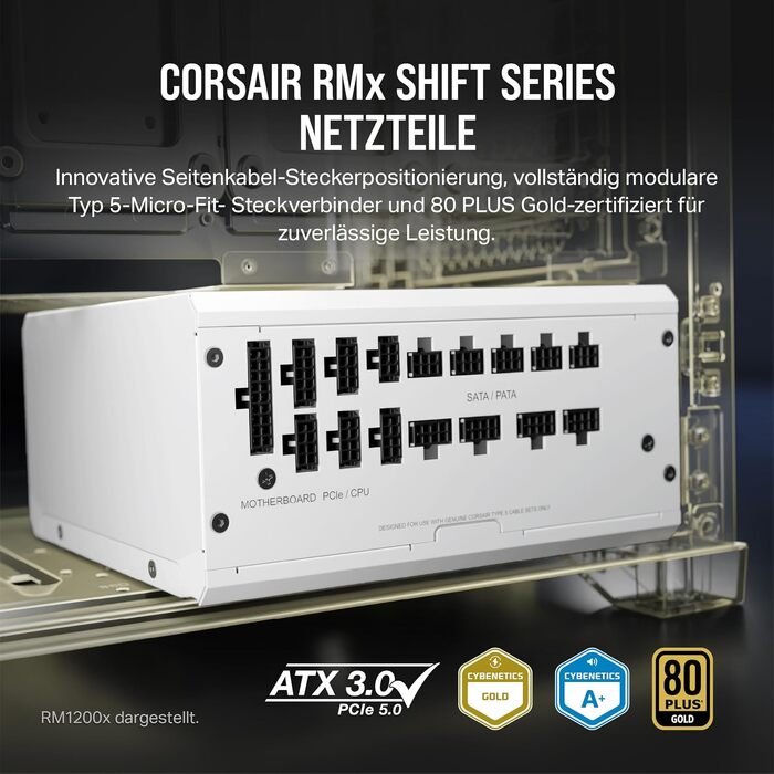 Блок живлення Corsair RM1000x Shift 1000W, ATX 3.1 & PCIe 5.1, 80 Plus Gold, повністю модульний, бічні роз'єми, білий