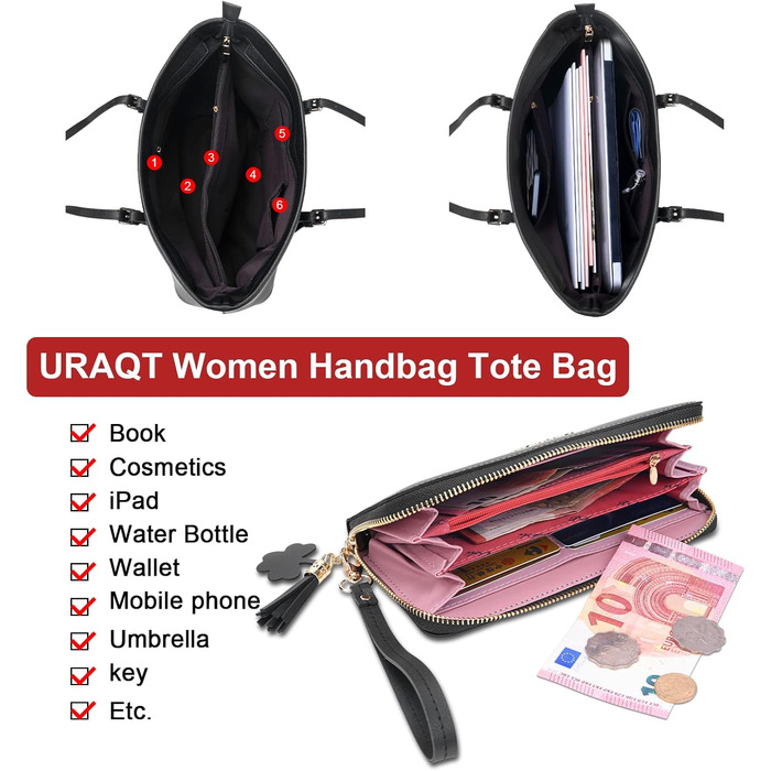 Жіноча сумка-шопер URAQT чорного кольору зі шкіри з помпоном з хутра кролика та брелоком - для офісу, школи, покупок