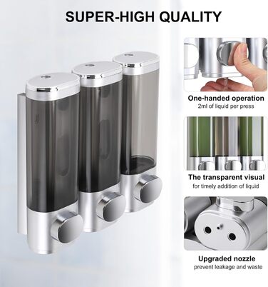 Wall-Mounted Soap Dispenser, Shampoo & Body Wash Dispenser, 3-Piece Soap Dispenser No Drilling Required, Even Liquid Dispensing, Leak-Proof Suitable for Shampoo, Body Wash, Liquid Soap, Conditioner. (Silver)