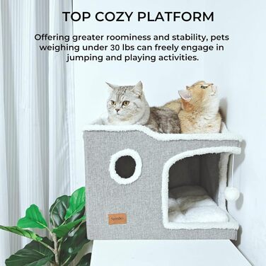 Spindro Cat Cave Cat Bed Large, Cat House Indoor Cat Sleeping Place with Removable Sherpa Cat Cushion and Hanging Toy, Cat Bed, Light Grey 42x42x33cm