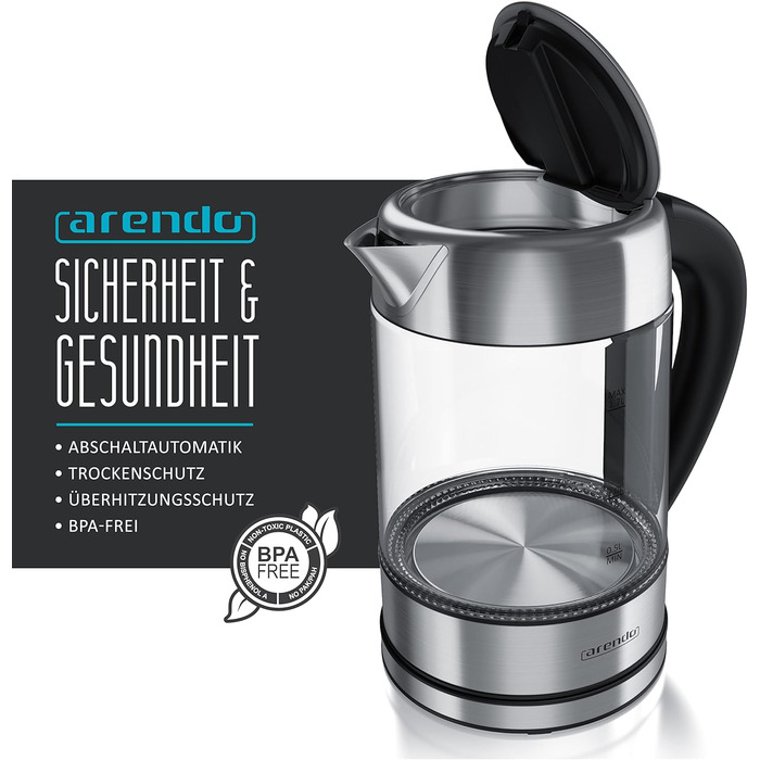 Arendo - Glass Kettle with Temperature Setting – 1.7l - Adjustable Temperatures 40° - 100 °C – Digital Temperature Display - Keep Warm Function – Energy-Saving – BPA-Free - RGB Lighting