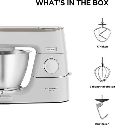 Кухонна машина Kenwood Titanium Chef Baker KVC65.001WH з вбудованими вагами, 1200 Вт, 3 насадки для кондитерських виробів, лопатка та захист від бризок, біла