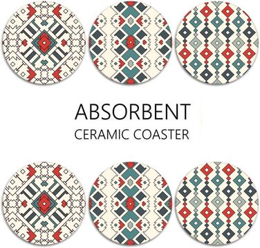 Drink Coasters 6-Piece Set, Geometric Tribal Boho Blue Red Absorbent Round Ceramic Stone Mat with Cork Bottom and Metal Holder, Housewarming Gift for Bar Decor