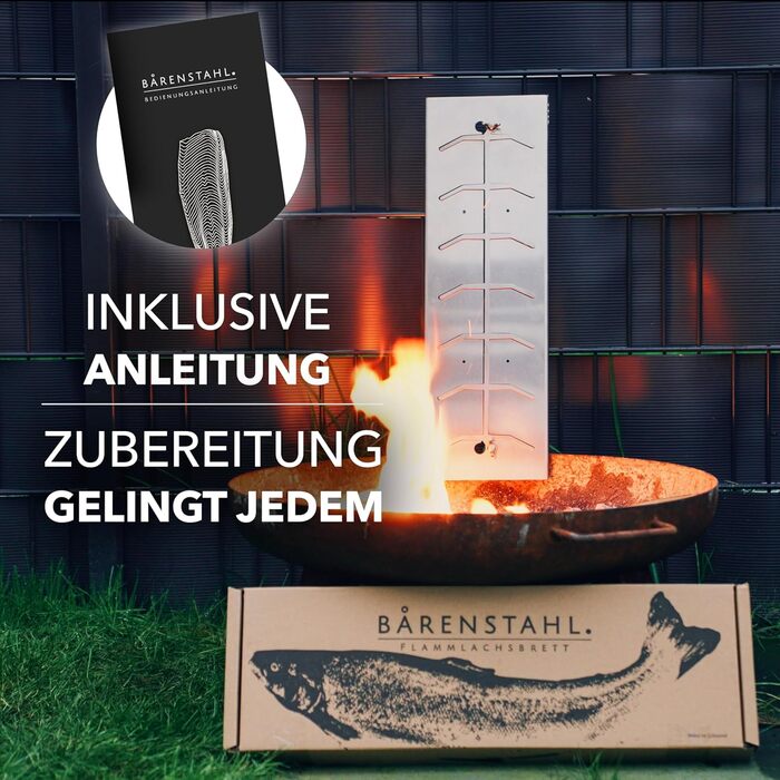 Bärenstahl Stainless Steel Salmon Grill Plank with Holder - Fireproof for Fire Pits & Charcoal Grills - Made in Germany