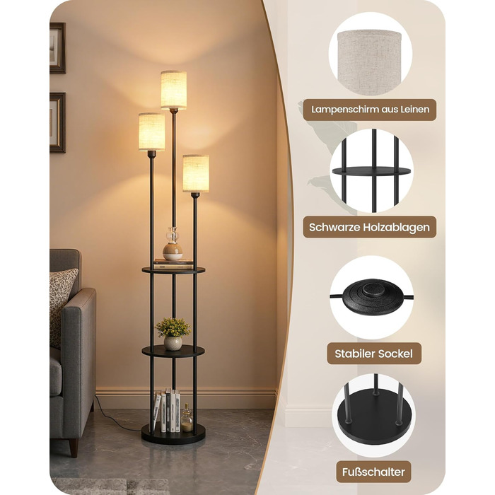 Стельова лампа для вітальні з поличкою, 3-хламкова лампа на ніжці з полицею Vintage, Бохо підлогова лампа з дерева з вимикачем на ніжці, патрон E27, ретро-дизайн, рустикальний коричнево-бежевий колір ZEF53LDD05 (Бежевий, Чорний)