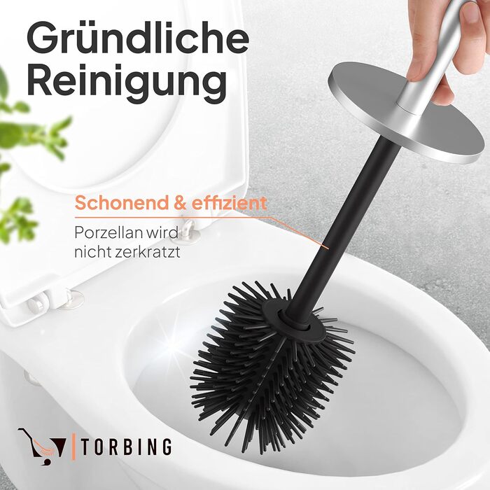 Тойлетний щітка TORBING Design з нержавіючої сталі з закритим тримачем - щітка для унітазу з силікону з ефектом лотоса - сучасний дизайн, елегантні кольори, подовжений ручка (Brushed Steel Silver)