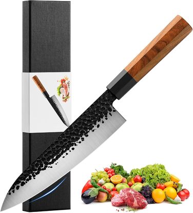 Японський кухонний ніж Gyuto 21 см, професійний, ручної роботи, з високоякісної сталі AUS-8, з дерев'яним руків'ям з палісандру, подарункова коробка
