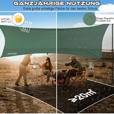 Водонепроникна тента Tarp 3.7 x 4.3 м з підтримкою, ультралегка, з отворами, штирями, нейлоновою мотузкою, захист від УФ та дощу, для наметів, гамаків, подвір'я, сонцезахисту на пляжі (зелена)