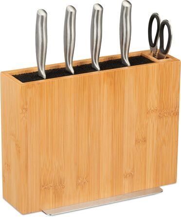 Relaxdays Knife Block, Unfurnished, Bamboo Knife Holder, Universal, Knife Storage with Brush Insert, Natural/Black, 23 x 30 x 12 cm