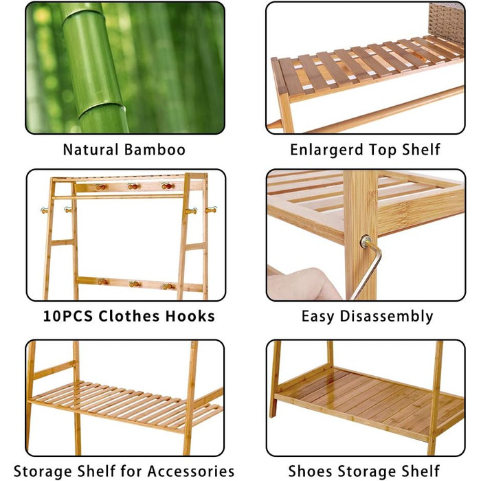 Bamboo Coat Rack, Clothes Rack with 3 Shelves and 10 Hooks, Clothes Rail, for Hallway, Living Room and Office, 80x43.5x165cm