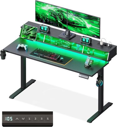 Офісний стіл для геймінгу OffiGo, 140 см, регулювання висоти, RGB LED, розетки, 3 стійкі місця для зберігання, тримач для напоїв та навушників, стільниця з карбонової поверхні (білий/чорний)