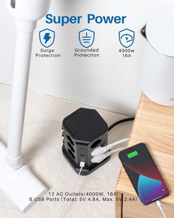 KOOSLA Тур Steckdosenturm 12 Fach з USB (6x) та захистом від перенапруги (4000W/16A) для офісу, кухні, столу, 5м, чорний