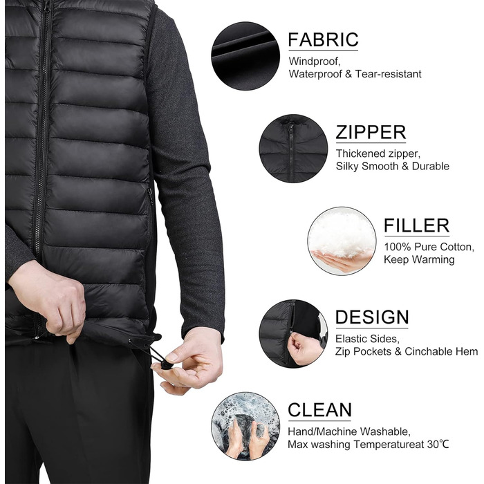 Лоовоко Гріюча жилетка для чоловіків з Powerbank 10000mAh, Легка терможилетка з 3 рівнями температури та 4 зонами нагріву, Пральна, для роботи на відкритому повітрі, мотоцикл, прогулянки та вигул собак (Чорний, XXL)