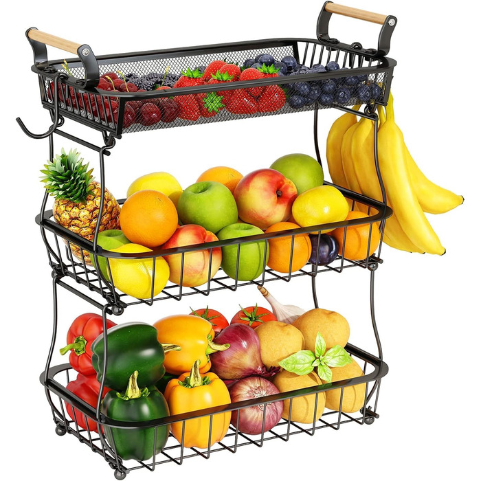 Металевий фруктовий кошик з 3 ярусами та підвішуванням для бананів, чорний. Організатор для овочів, фруктів та закусок. Велика місткість.