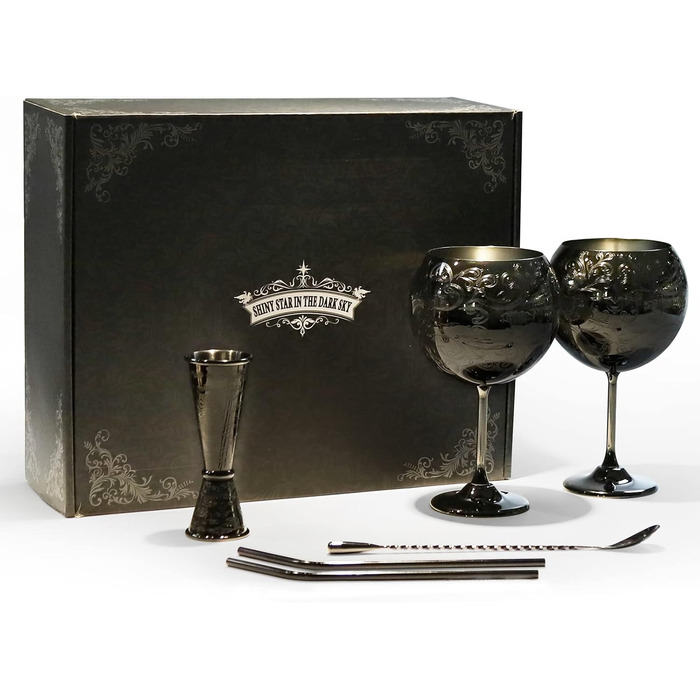 Luxurious Gin Glasses Set, Stainless Steel Cocktail Wine Glasses Set, Gin Making Kit for Gin Lovers 680ml Black, (Hand Wash)