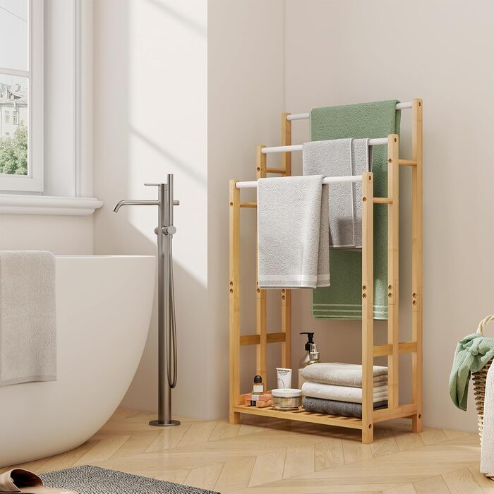 Підставка для рушників Dripex з бамбука, 96 см, з 3 нержавіючими стійками та полицею для ванної кімнати
