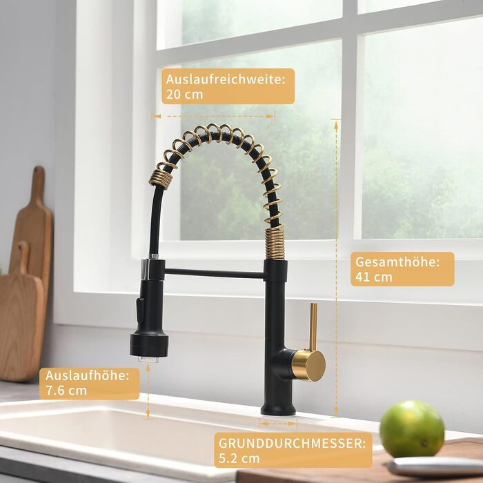 Кухонний змішувач AIMADI висувний, високого тиску, з 2 режимами (струмінь та розпилення), поворотний на 360°, однорегуляторний для кухонної мийки (з LED-підсвіткою, золотий)