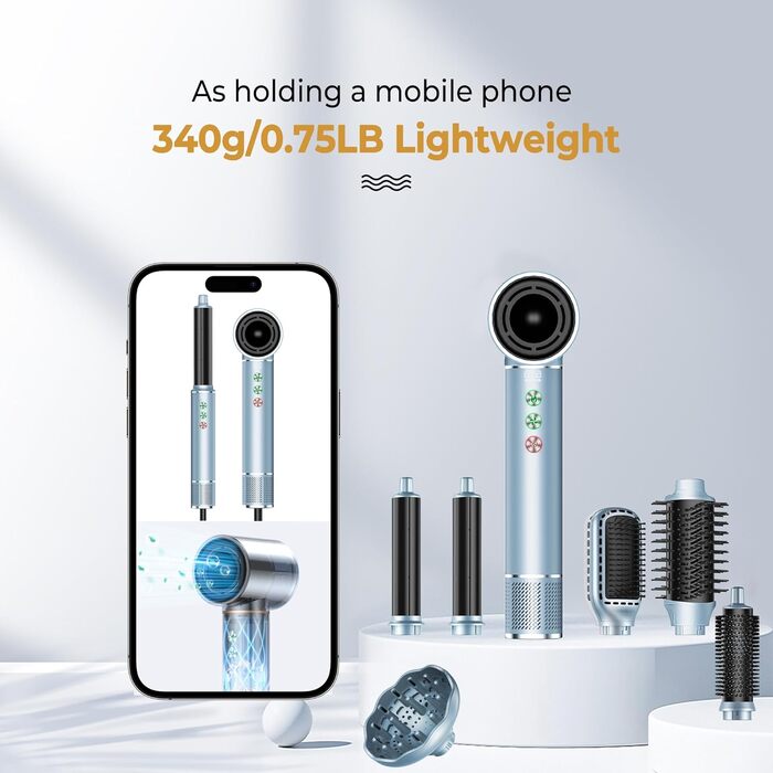 Набір для укладки волосся 7 в 1 OKWRAP Airstyler: фен, плойка, щітка для випрямлення, іонізація, 110000 об/хв, сірий/срібний