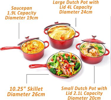 Набір чавунної емальованої посуду Denmay 7 предметів: голландська піч, сковорода, каструля для тушкування, соусник, 3 кришки, червоний. Підходить для всіх типів плит.