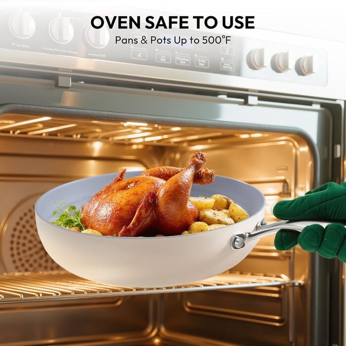 Набір посуду з керамічним покриттям 10 предметів – антипригарні каструлі та сковорідки зі скляними кришками, здорове приготування їжі, легко миються, підходить для індукційних плит та духовки, включає сковороду