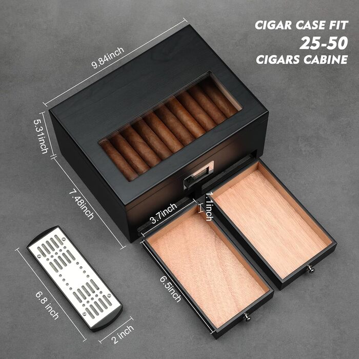 Гумодор для сигар FANKAI з 2 шухлядами, аксесуари для сигар з зволожувачем, ящик для сигар з масивного кедру, подарунок для чоловіків, гумодор зі скляною кришкою, кейс для сигар на 25-50 штук