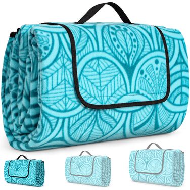 Плед для пікніка водонепроникний XXL (200x150 см) Pfauenblau для 4-6 осіб, пляжний килим для кемпінгу та походів з ручкою