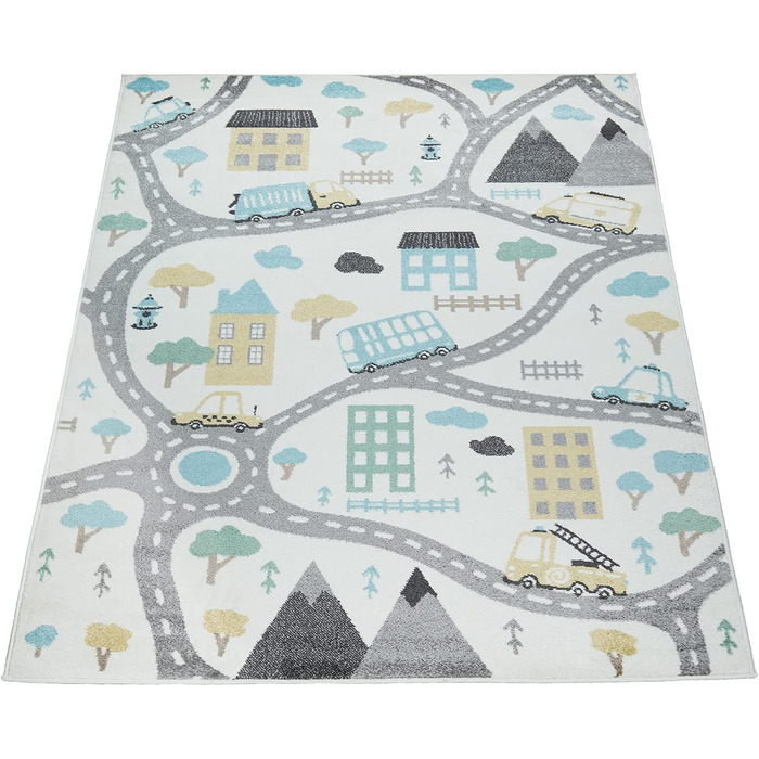 Paco Home Kids Rug, Play Rug for Children's Room, Pastel Colors, Boy/Girl, Car Street House, Cream, Petrol, Gray, Yellow, Size: 160x220 cm (Rectangular), White