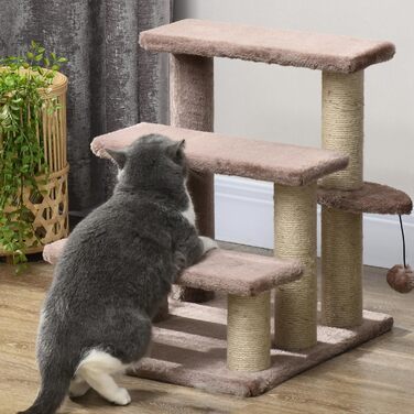 PawHut 3-Step Pet Staircase with Scratching Posts, Ball, Dog Staircase, Pet Staircase for Cats up to 5 kg, Plush Jute, White 45 x 40 x 48 cm (45L x 40W x 48H cm, Brown)