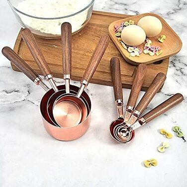 FBHappiness 4-Piece Stainless Steel Measuring Cup Set with Wooden Handle, Measuring Spoons, Gold-Plated Measuring Spoon Set for Baking in the Kitchen (Size: Measuring Cup) (Measuring Cup in Rose Gold)