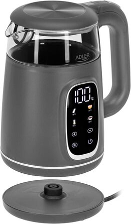Електричний чайник Adler з регулюванням температури 2200W, 1.7L з LED-дисплеєм та сенсорною панеллю, 5 програм, функція підтримання тепла, фільтр, темно-сірий сріблястий колір