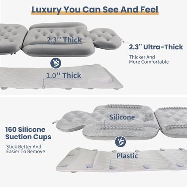 Full Body Bathtub Pillow with 160 Suction Cups - Head & Neck Support Bath Mat with Laundry Bag (Dark Gray, 130 x 41 cm)