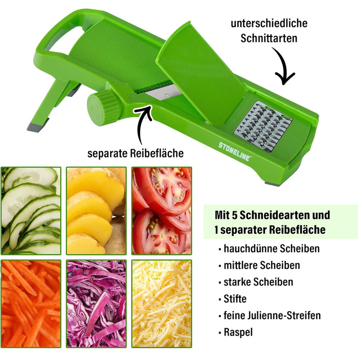 Набір для нарізки овочів STONELINE V: 9 частин для нарізки скибочками, соломкою, кубиками, спіралями. З нержавіючої сталі, з 5 насадок, овочевий слайсер, тертак, фрі-нарізач, мандоліна, кухонний овочевий слайсер (зелений, 3 шт.)