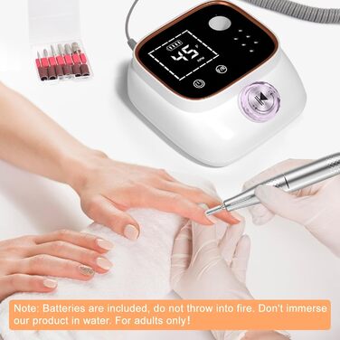 Професійна електрична нігтьова пилка 45000 об/хв для гелевих та акрилових нігтів з LCD-дисплеєм, системою фіксації насадок, набором для манікюру та педикюру для дому та салонів (Білий)