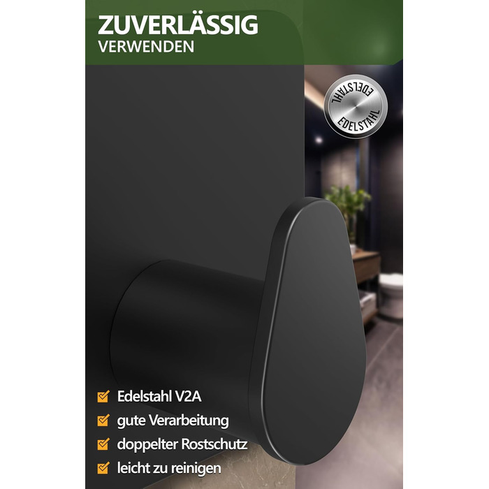 Набір тримачів для рушників 4smile (6 шт.) без свердління, з нержавіючої сталі, чорний. Клейкі гачки для ванної кімнати, міцна фіксація.