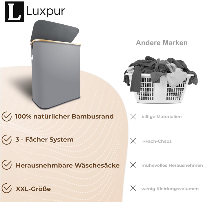Luxpur® кошик для білизни XXL з кришкою, 3 секції, бамбук, складаний органайзер для сортування білизни
