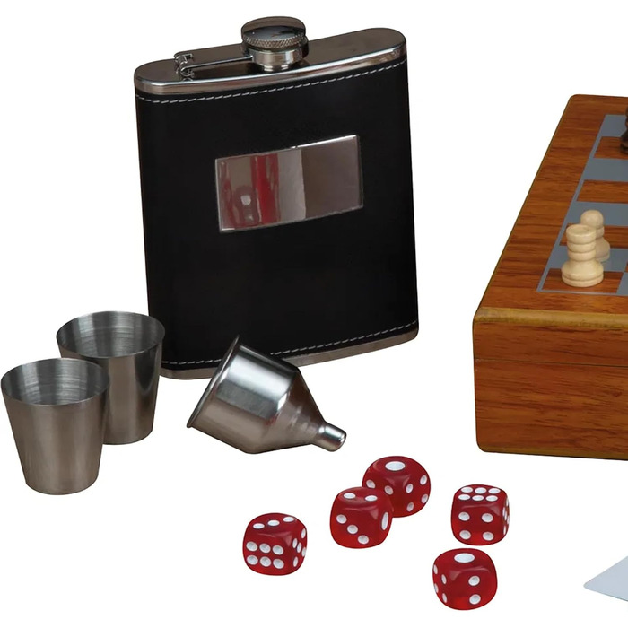 Набір флакон для алкоголю 237 мл з шахами, кубиками, картами, воронкою в дерев'яній шкатулці – подарунковий набір для чоловіків – аксесуари для бару та дорожній набір для віскі, горілки, джину та ін.