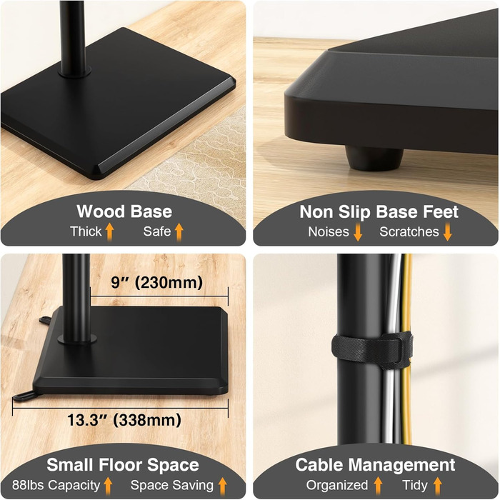 Підставка для телевізора TVON на підлозі з кріпленням для більшості телевізорів 81,3 - 152,4 см (32-60 дюймів) до 40 кг, регульована по висоті, з дерев'яною основою, для економії місця, підлогова підставка для телевізора (Чорний, Дерев'яна основа)