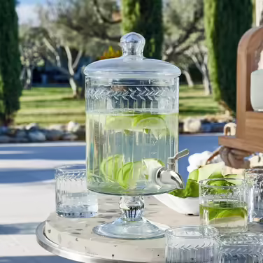 LOBERON Beverage Dispenser Makiya | Glass Carafe with Tap | Artful Glass Cutting | Made of Mouth-Blown Glass | Capacity 3 Liters, clear