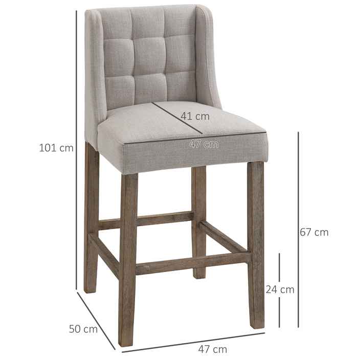 HOMCOM 2-Piece Bar Stool Set with Backrest, Upholstered Button-Tufted Bar Stools, Solid Wood, Includes Footrest, 47 cm x 50 cm x 101 cm, Grey + Natural