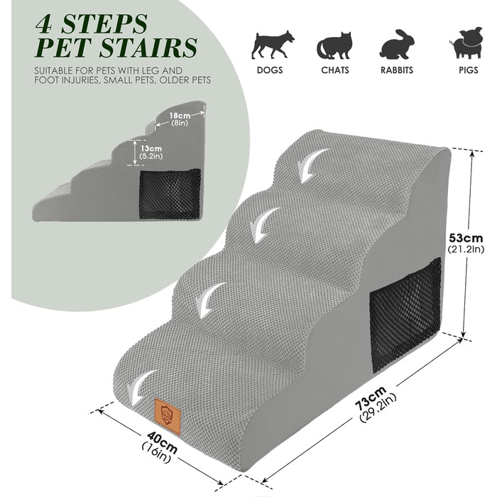 Dog stairs for small dogs, 4 steps pet stairs made of foam with waterproof cover, removable dog ramp cat stairs for sofa bed, send 1 lint roller