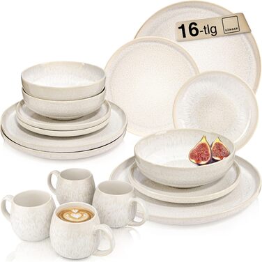 Набір посуду SÄNGER Korfu 16 предметів: сервіз на 4 особи з каменю, ручної роботи. Включає: тарілки, десертні тарілки, глибокі тарілки, чашки. Колір: кремовий з пісочною текстурою.