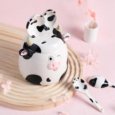 Ceramic Measuring Spoon Set with Cow Pattern, 4-Piece, for Dry or Liquid Ingredients, with Measuring Cup Set, Microwave Safe, Hand Wash Recommended