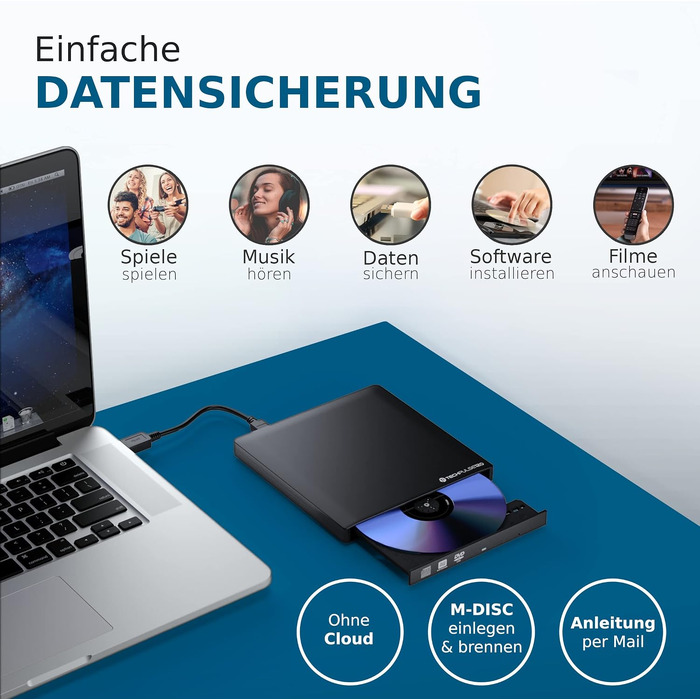 Зовнішній Blu-ray привід techPulse120 USB 3.0: 3D запис M-Disc, BDXL, DVD, CD, Slim дизайн, алюміній, чорний — для ноутбуків, ПК, Windows, MacOS, MacBook Pro Air