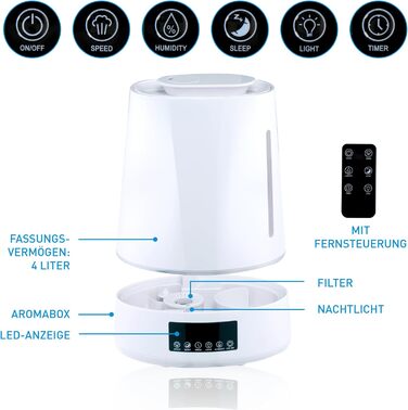 Grundig Humidifier and Aroma Diffuser 4L - Diffuser Essential Oils - Humidifier with Hygrometer and Timer - Rooms of 15 to 30m2 - 26 x 15 x 33 CM - White