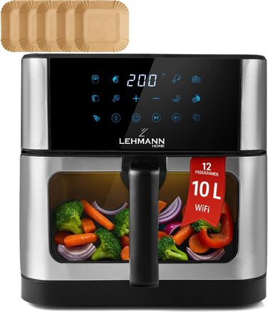Фритюрниця повітряна LEHMANN з 2 камерами, 2400 Вт, AirFryer XXL з 12 програмами, до 200°C, WiFi, 10л, з вікном, для смаження, випікання, сушіння, грилю